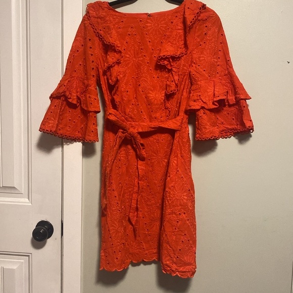 River Island Vibrant Orange Eyelet Lace Dress - bell Sleeves - UK12/EU38 - Picture 2 of 8